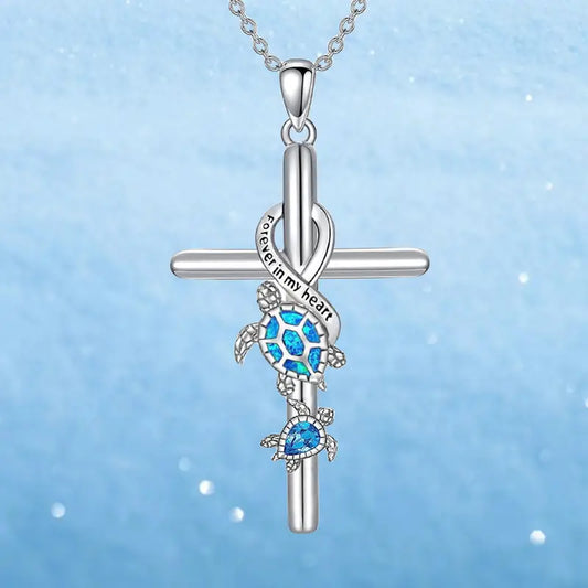 Two Sea Turtles Cross Pendant Necklace